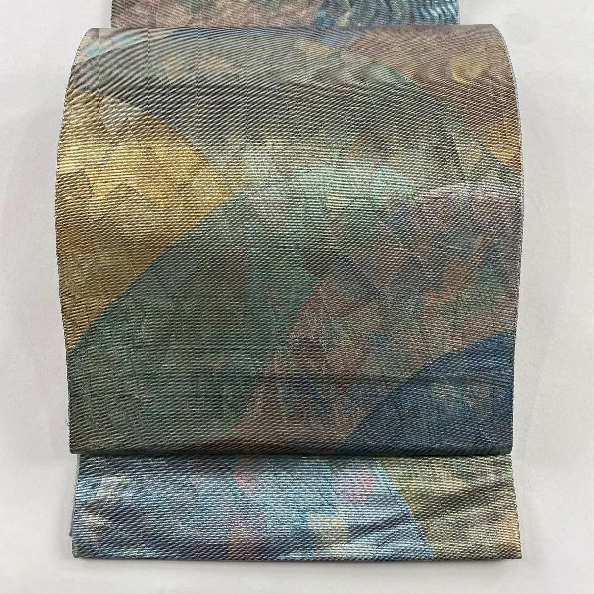 【美品】 袋帶 秀品級 山並 幾何學 金金箔 灰綠 お太鼓圖案 純蠶絲