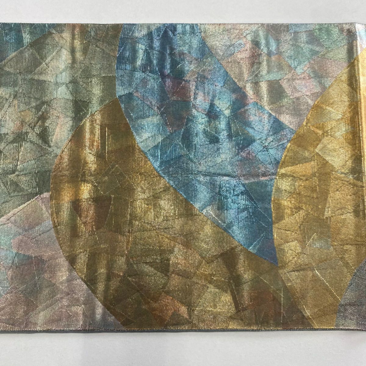 【美品】 袋帶 秀品級 山並 幾何學 金金箔 灰綠 お太鼓圖案 純蠶絲