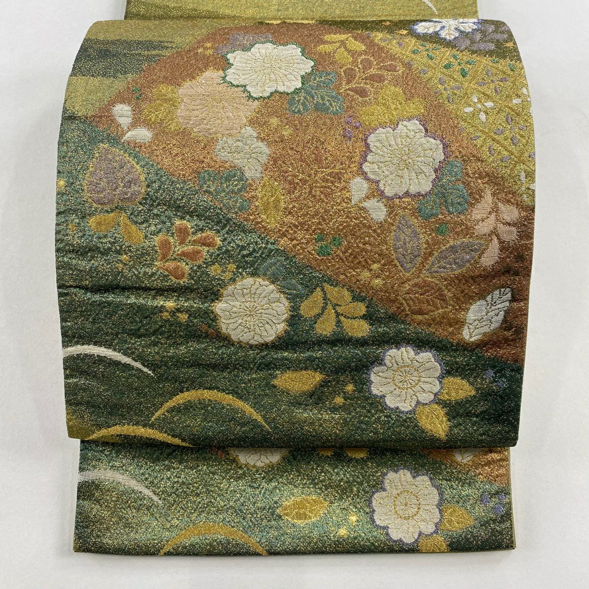 袋帶 優品級 草花紋紋 芝 金金箔 金絲 綠色 大鼓圖案 純蠶絲