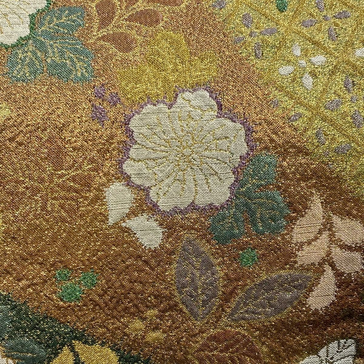 袋帶 優品級 草花紋紋 芝 金金箔 金絲 綠色 大鼓圖案 純蠶絲