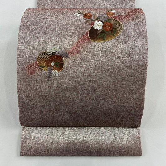 【美品】 開口名古屋帶 優品級 櫻花 笠松樹 刺繡 金金箔 銀 純蠶絲