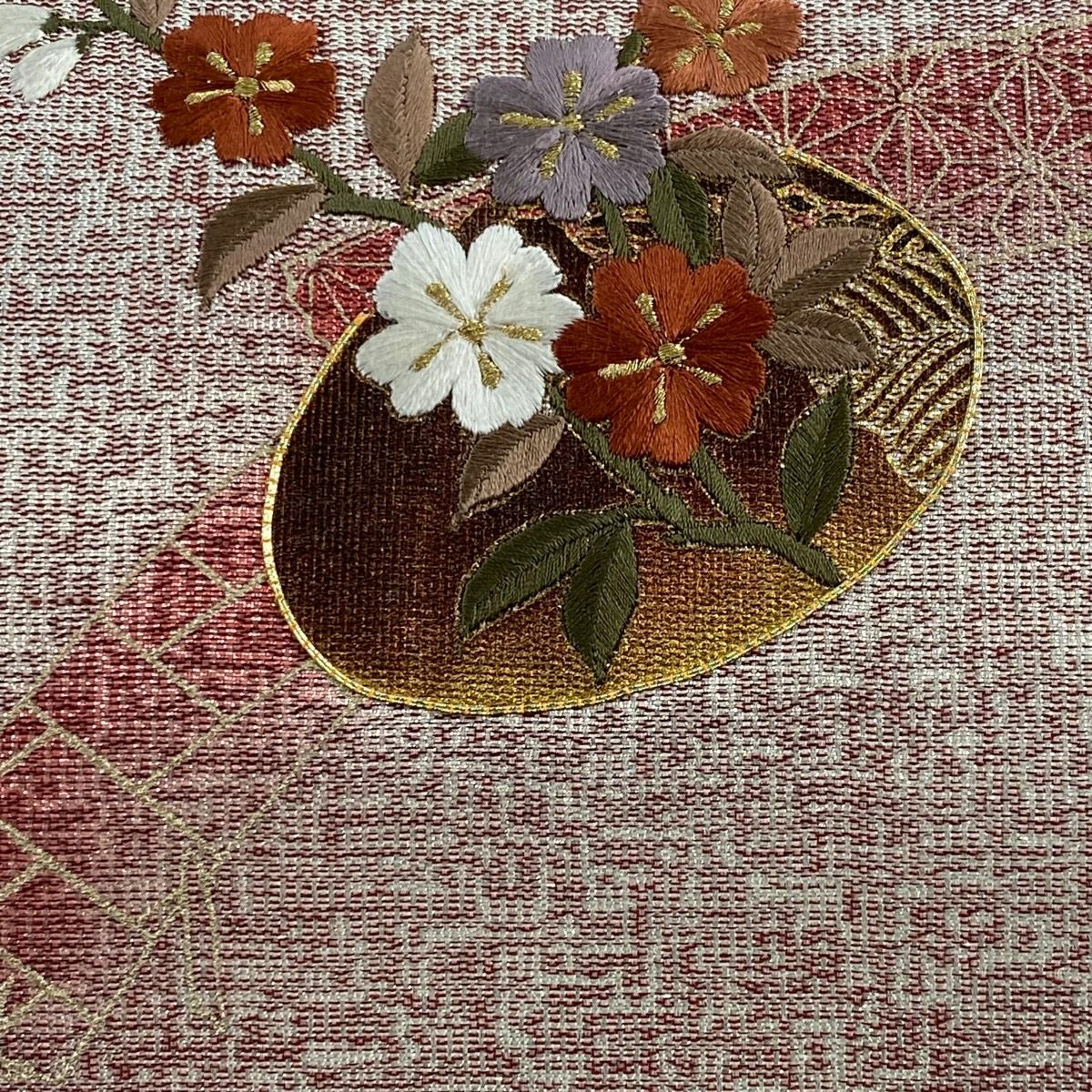 【美品】 開口名古屋帶 優品級 櫻花 笠松樹 刺繡 金金箔 銀 純蠶絲