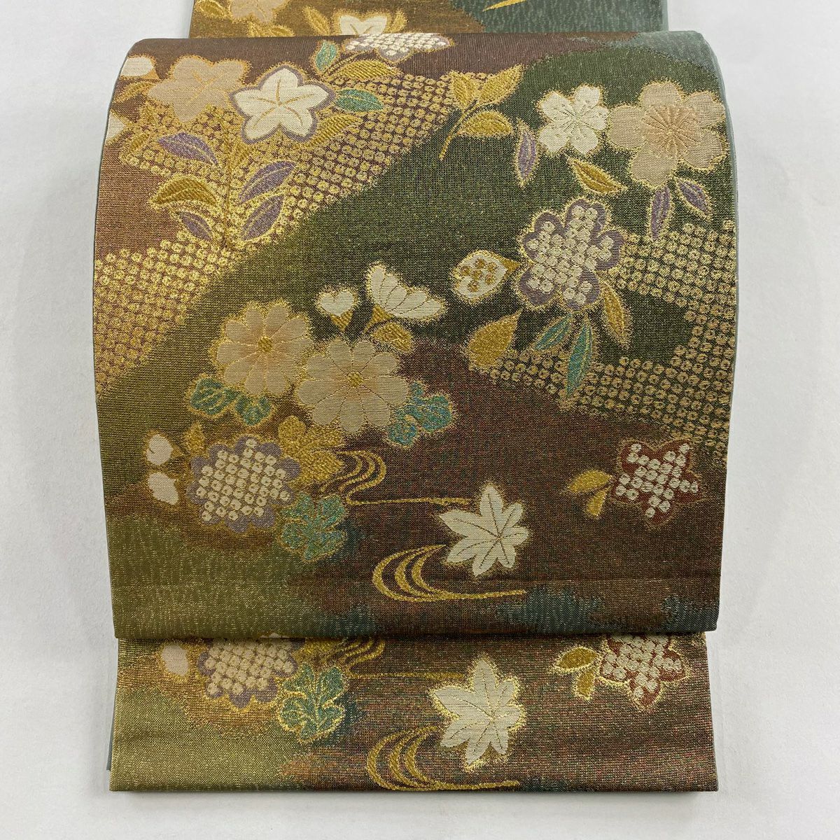 【美品】 袋帶 秀品級 大和 秋草 櫻花 金絲 金金箔 灰綠 お太鼓圖案 純蠶絲
