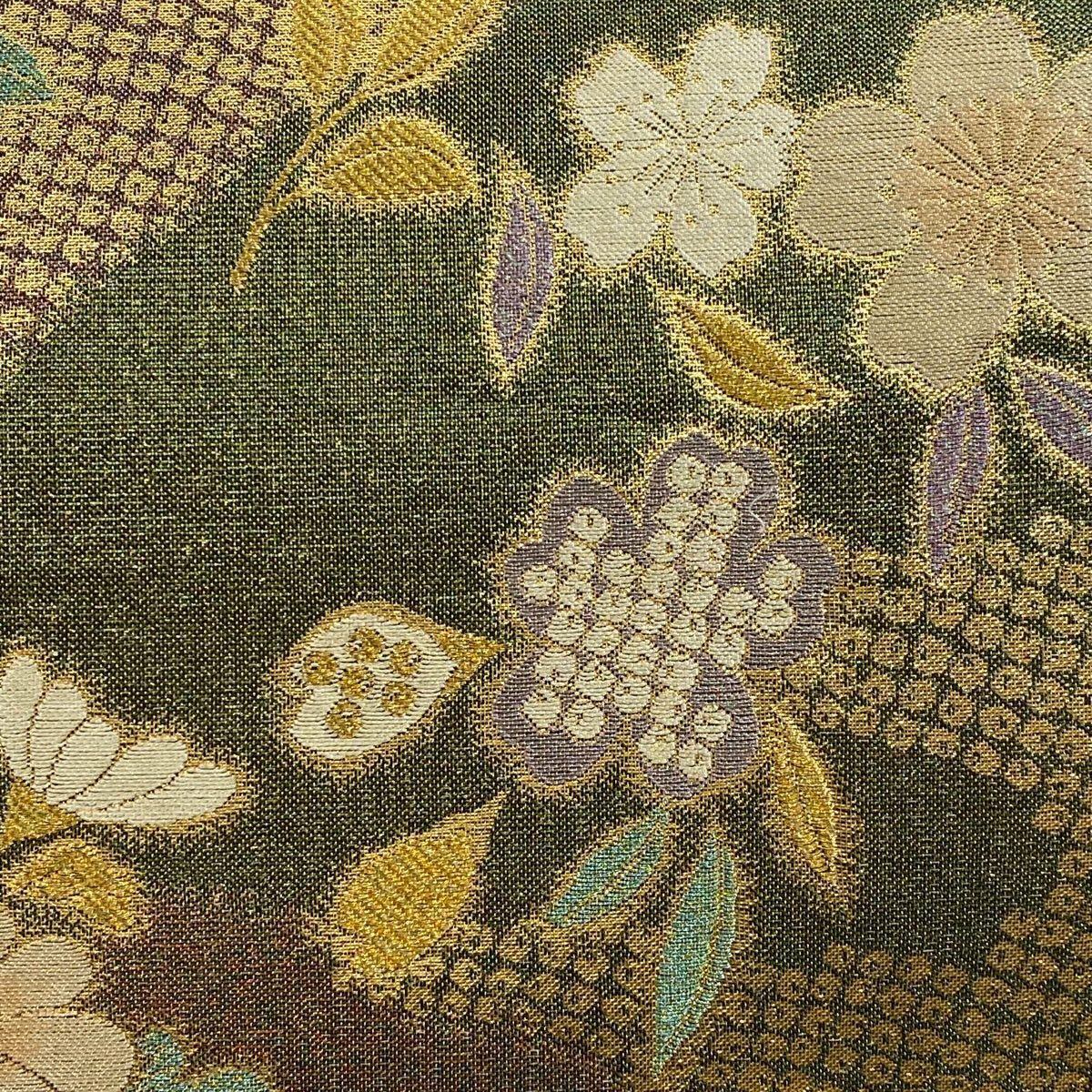 【美品】 袋帶 秀品級 大和 秋草 櫻花 金絲 金金箔 灰綠 お太鼓圖案 純蠶絲