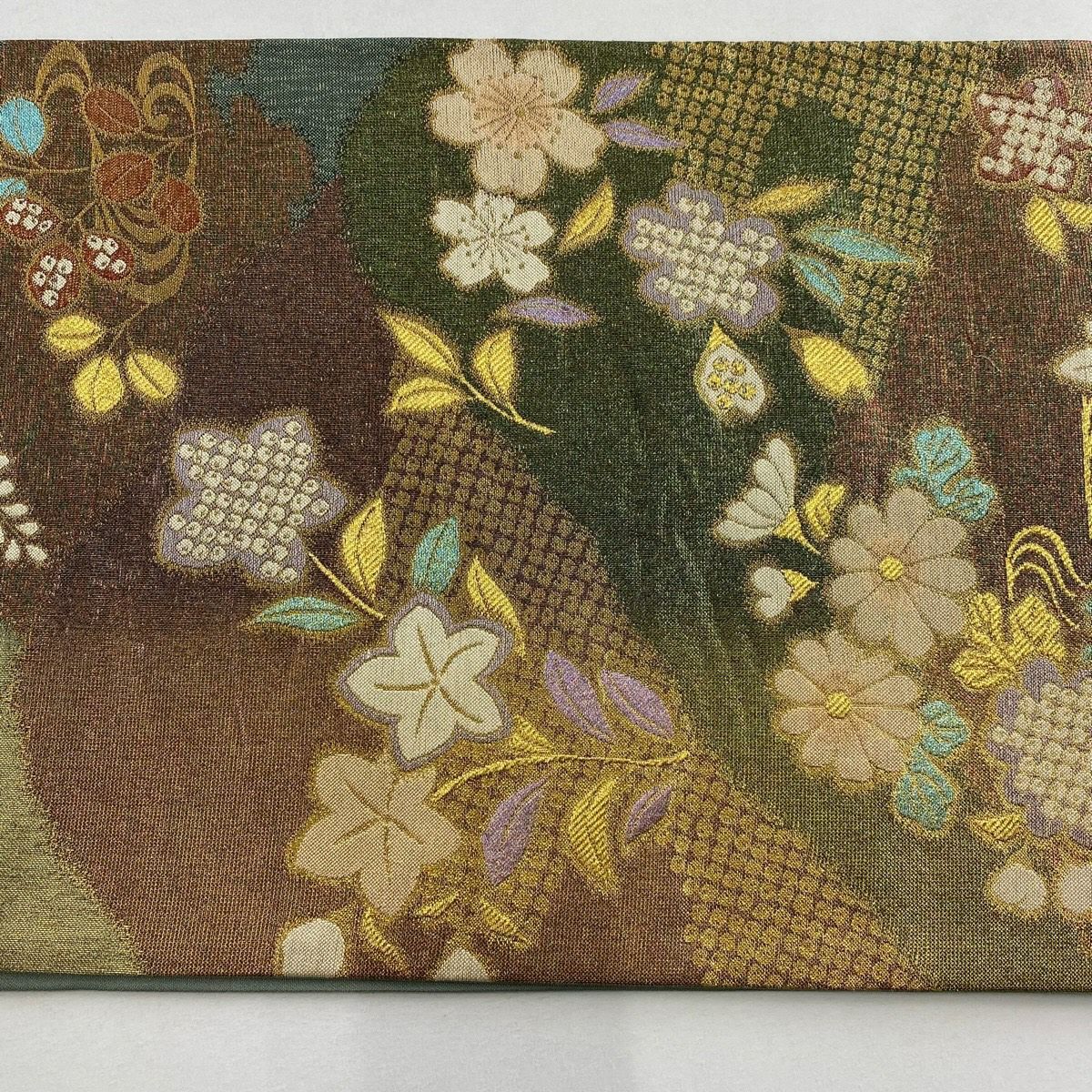 【美品】 袋帶 秀品級 大和 秋草 櫻花 金絲 金金箔 灰綠 お太鼓圖案 純蠶絲