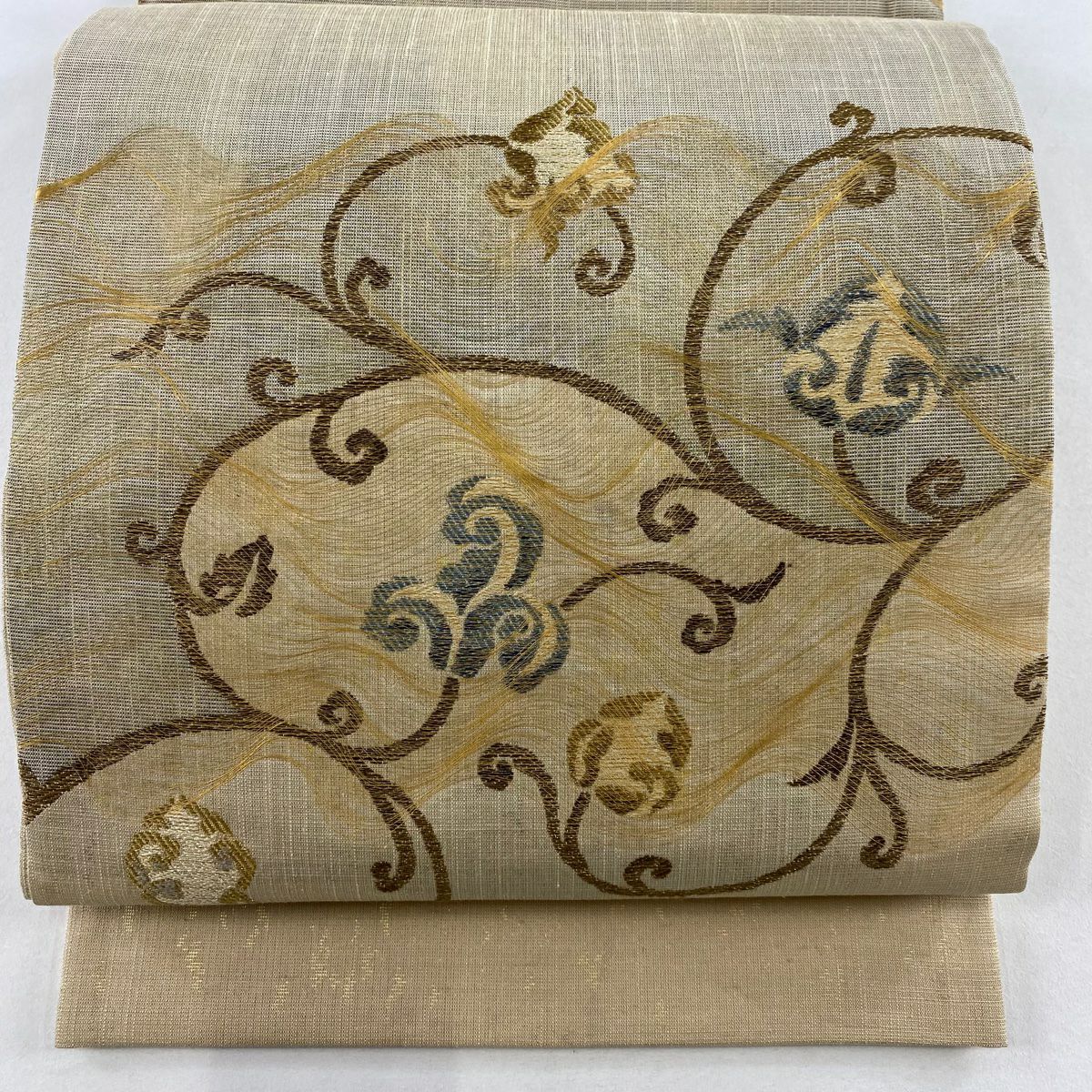 【美品】袋帶 名品級 花唐草紋 金絲 米色 大鼓圖案 純蠶絲
