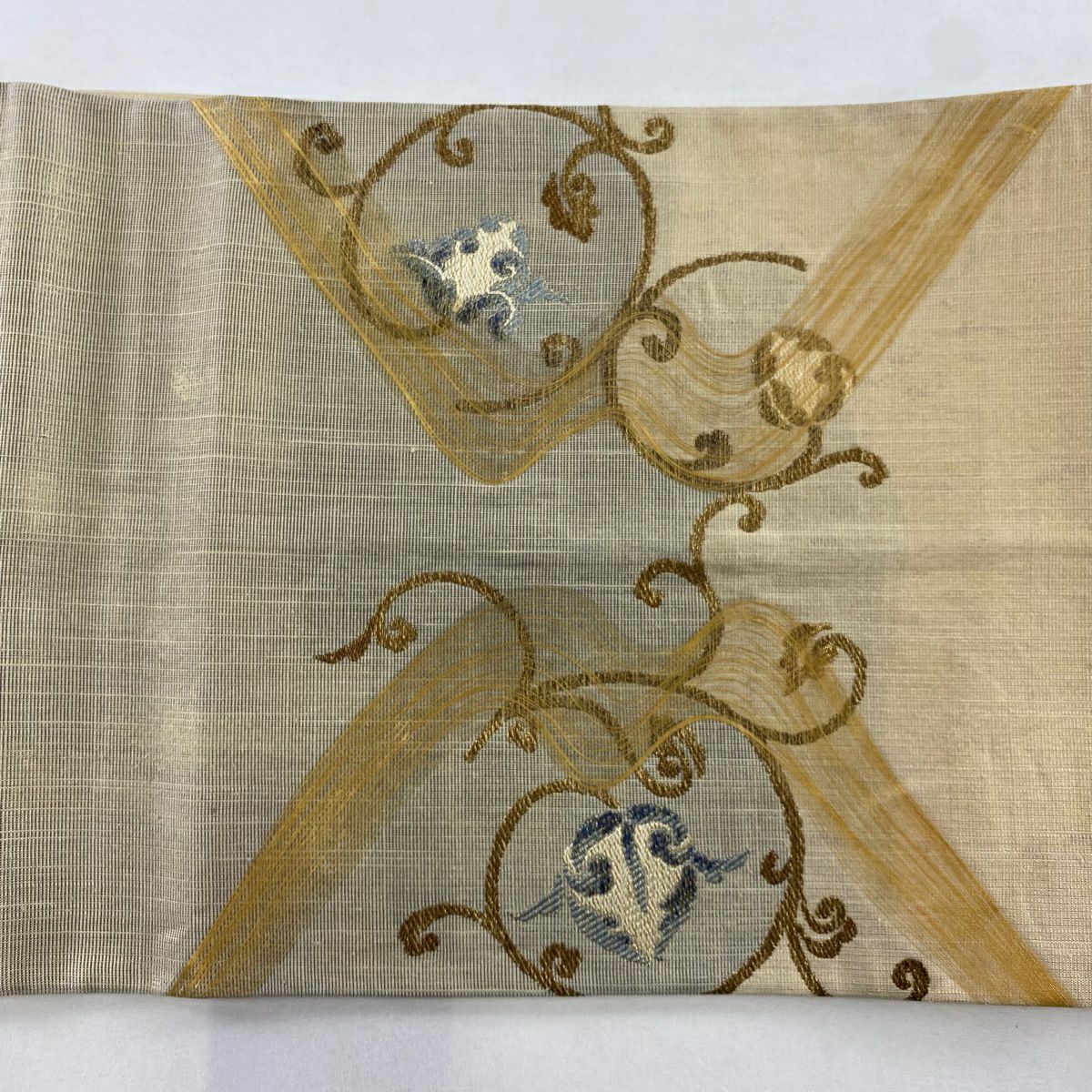 【美品】袋帶 名品級 花唐草紋 金絲 米色 大鼓圖案 純蠶絲