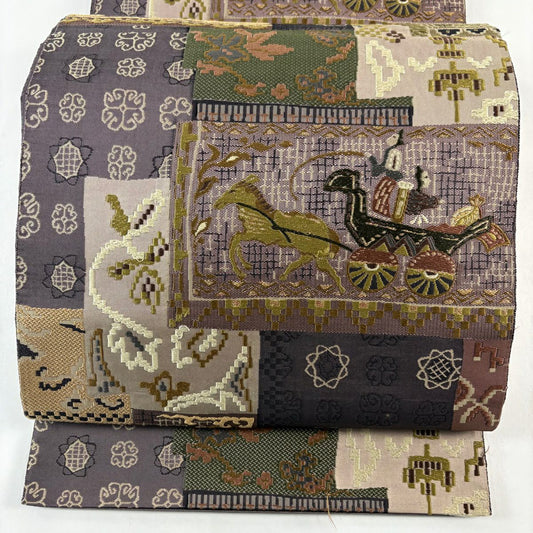 袋帶 名品級 人物 動物 刺繡 金絲 紫 六通 純蠶絲