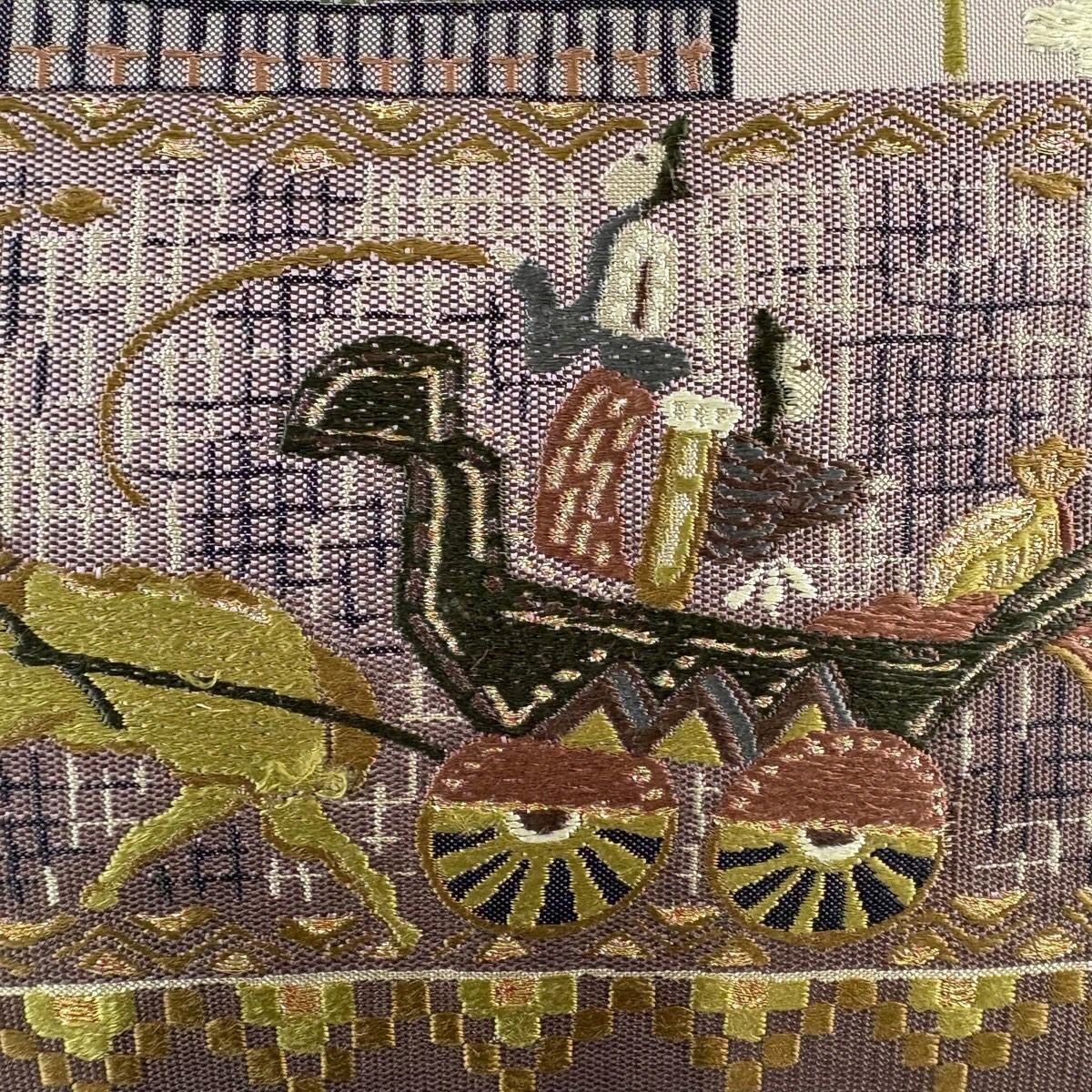 袋帶 名品級 人物 動物 刺繡 金絲 紫 六通 純蠶絲