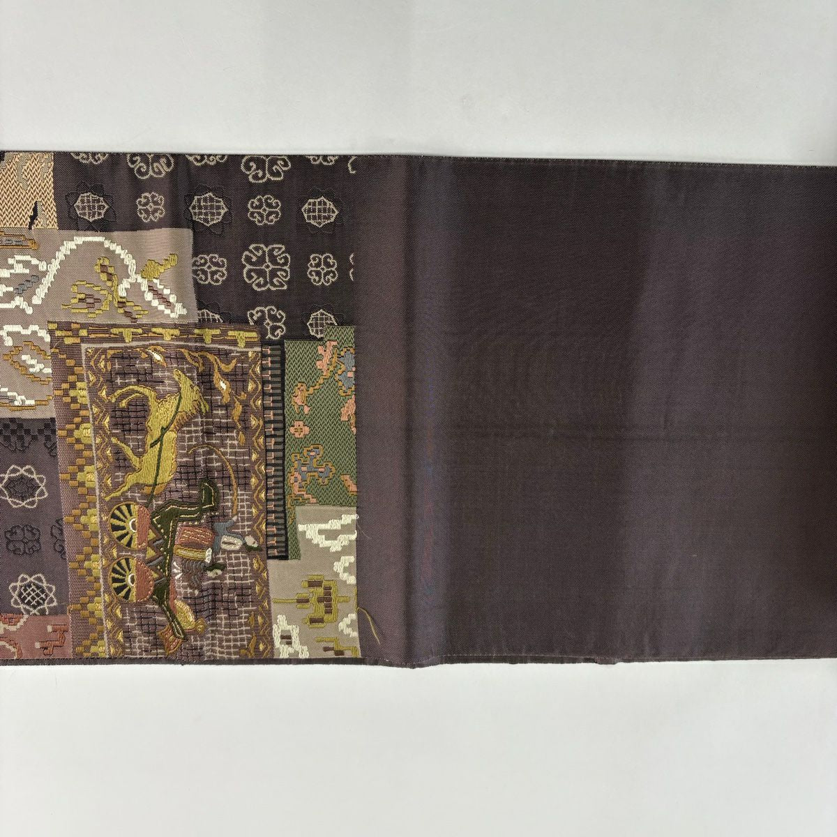 袋帶 名品級 人物 動物 刺繡 金絲 紫 六通 純蠶絲