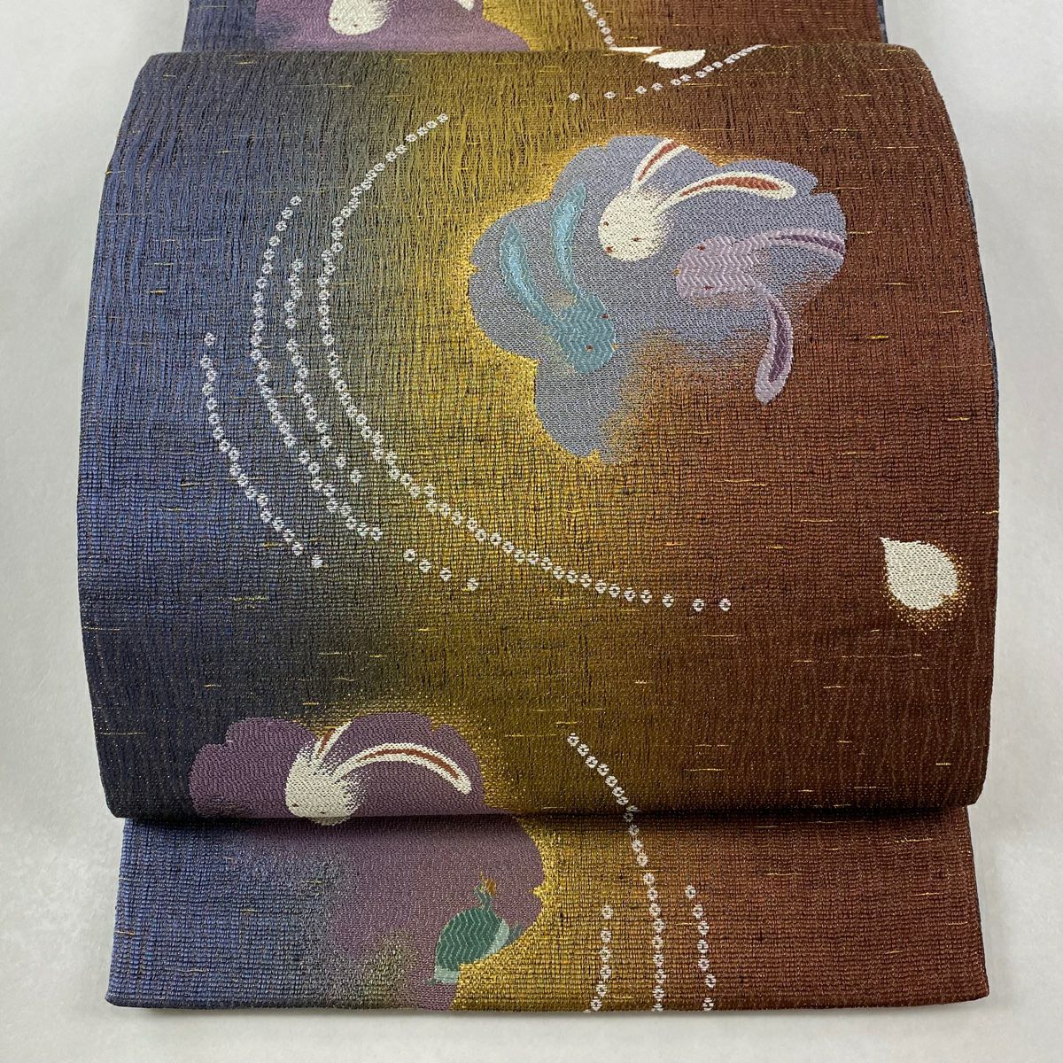 【美品】 袋帶 逸品級 兔子與龜 花瓣 金金箔 紅茶 六通 純蠶絲