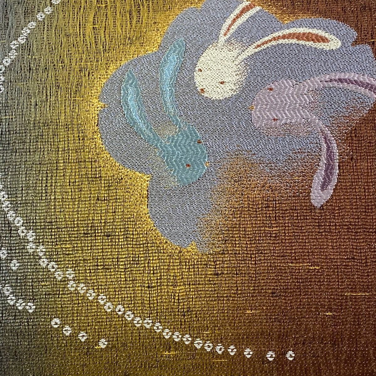 【美品】 袋帶 逸品級 兔子與龜 花瓣 金金箔 紅茶 六通 純蠶絲