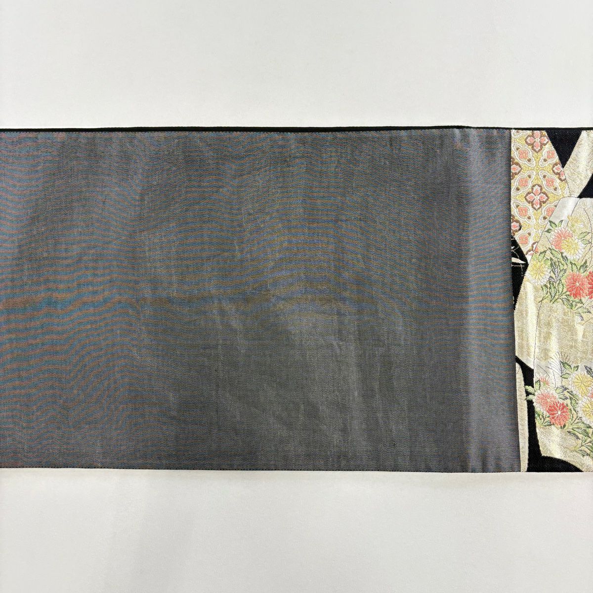 袋帶 秀品級 鴛鴦 草花紋紋 金金箔 金線 黑 六通 純蠶絲
