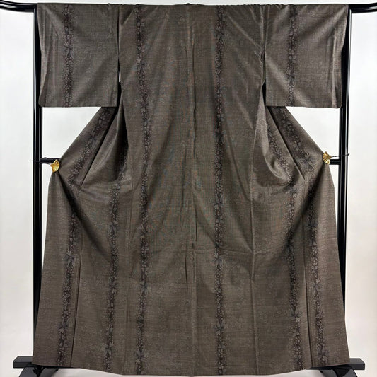 【美品】 紬織 身長164cm 袖長66.5cm M 雙層 草花紋紋 褐色 純蠶絲 優品級