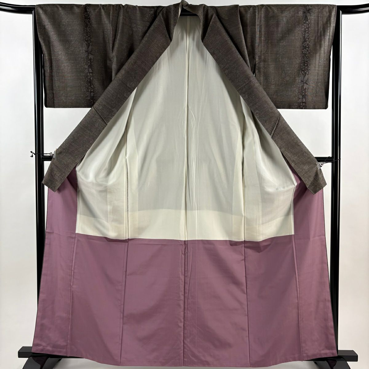 【美品】 紬織 身長164cm 袖長66.5cm M 雙層 草花紋紋 褐色 純蠶絲 優品級