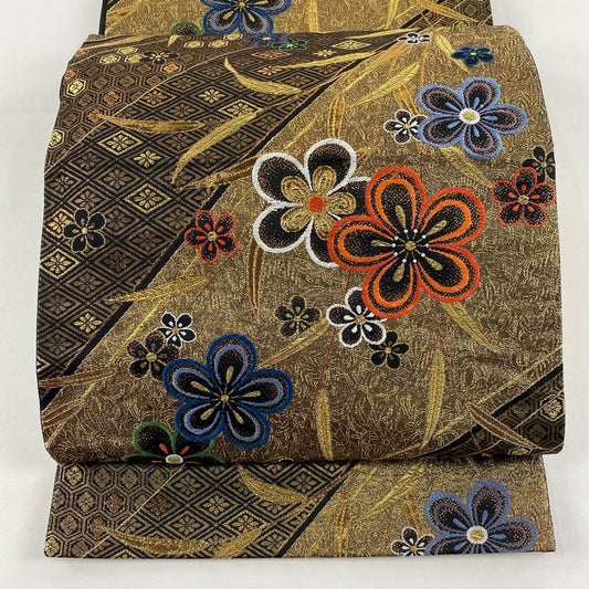 袋帶 秀品級 梅花 龜甲花菱 金糸 金金箔 金茶 六通 純蠶絲