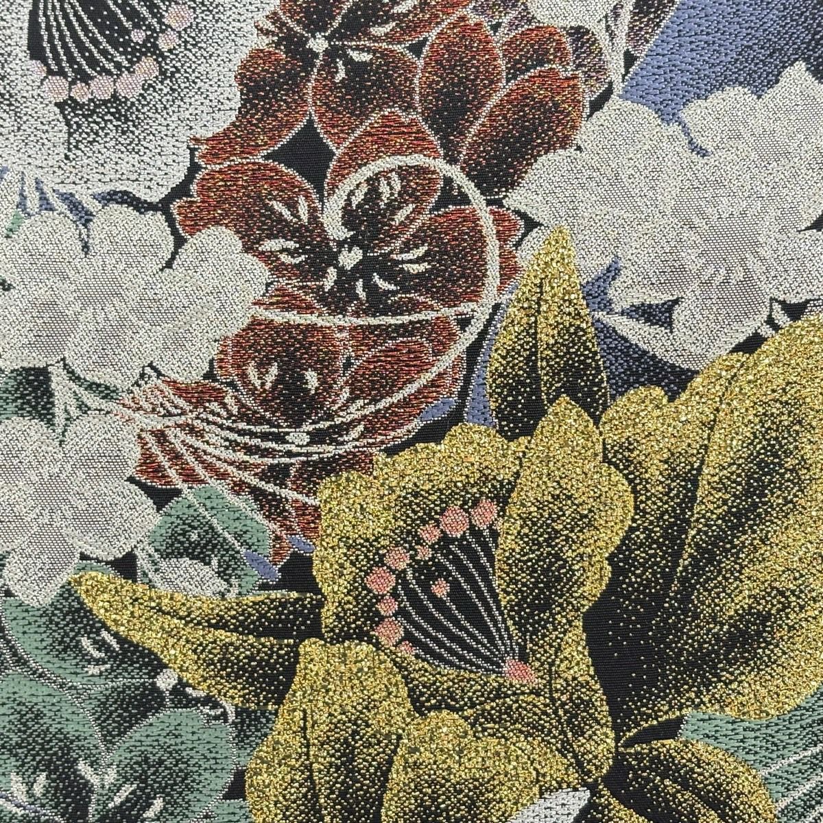 【美品】 袋帶 秀品級 草花紋 金銀彩 金金箔 金 六通 純蠶絲