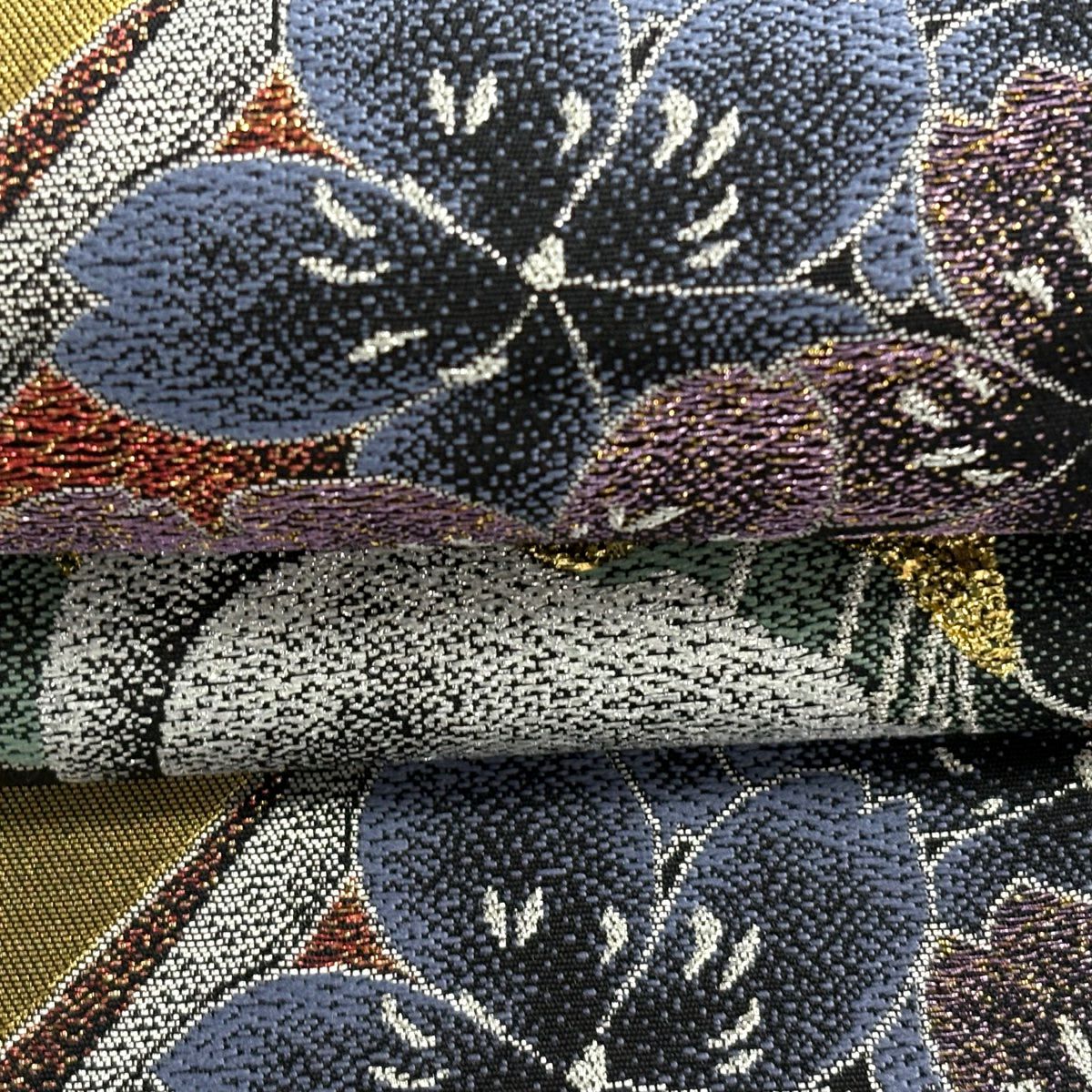 【美品】 袋帶 秀品級 草花紋 金銀彩 金金箔 金 六通 純蠶絲