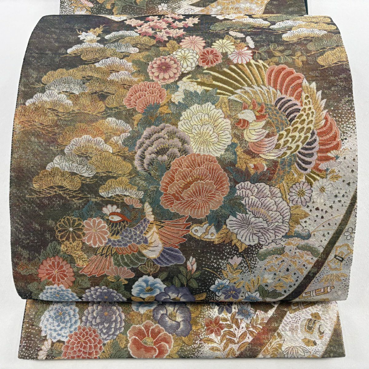 【美品】 袋帶 秀品級 花鳥 松樹竹子梅花 金糸 金金箔 茶 六通 純蠶絲