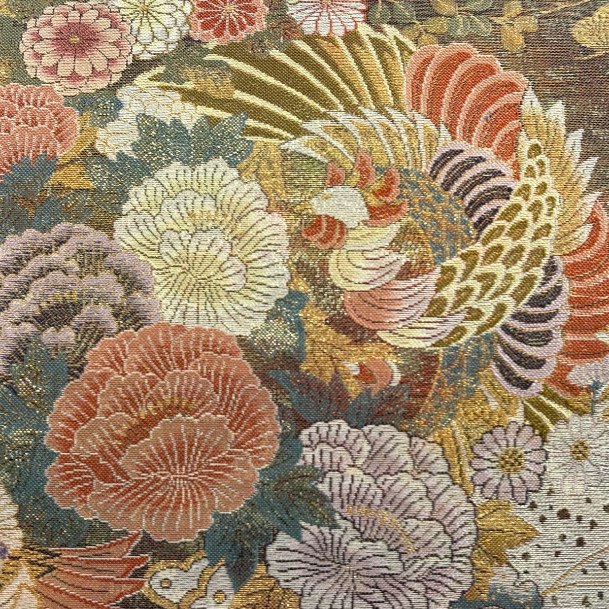 【美品】 袋帶 秀品級 花鳥 松樹竹子梅花 金糸 金金箔 茶 六通 純蠶絲