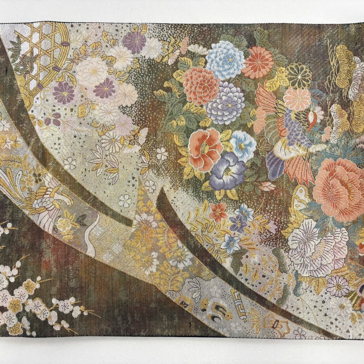 【美品】 袋帶 秀品級 花鳥 松樹竹子梅花 金糸 金金箔 茶 六通 純蠶絲