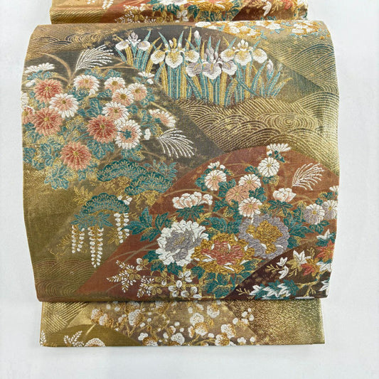 袋帶 秀品級 山並 草花紋 金糸 金金箔 茶 六通 純蠶絲