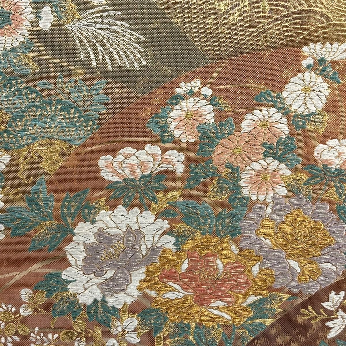 袋帶 秀品級 山並 草花紋 金糸 金金箔 茶 六通 純蠶絲