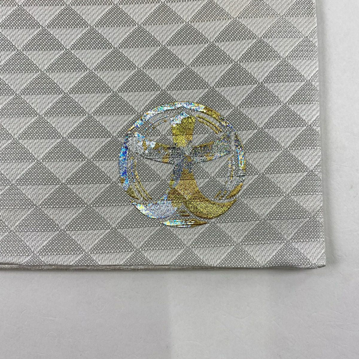 【美品】 袋帶 秀品級 幾何圖案 金金箔 灰白 全通 純蠶絲