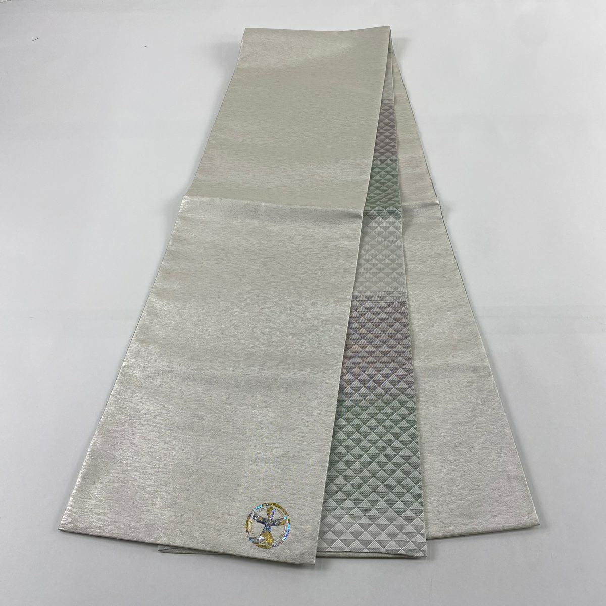 【美品】 袋帶 秀品級 幾何圖案 金金箔 灰白 全通 純蠶絲