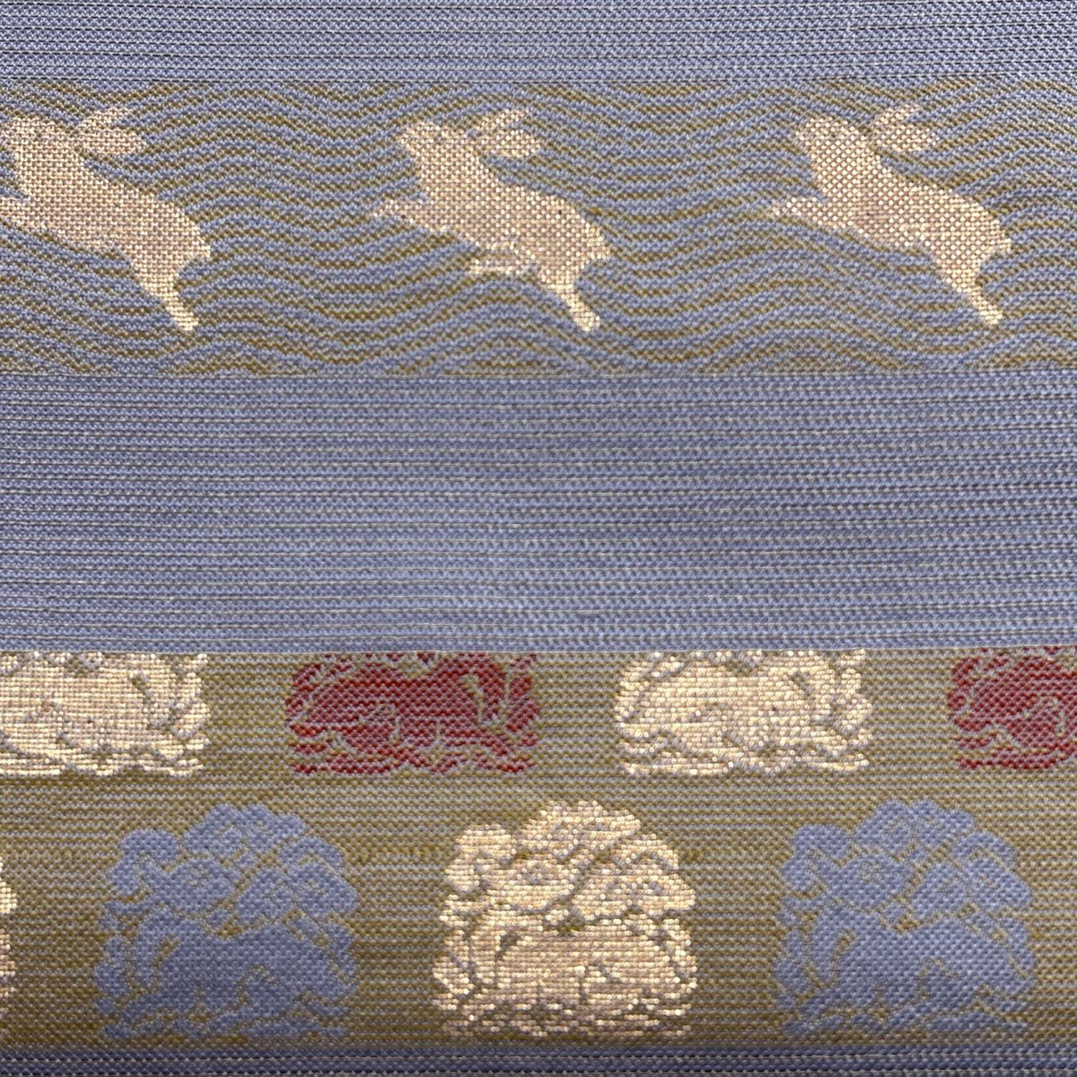 【美品】 袋帶 秀品級 兔子 草花紋紋 金金箔 金絲 青紫 六通 純蠶絲