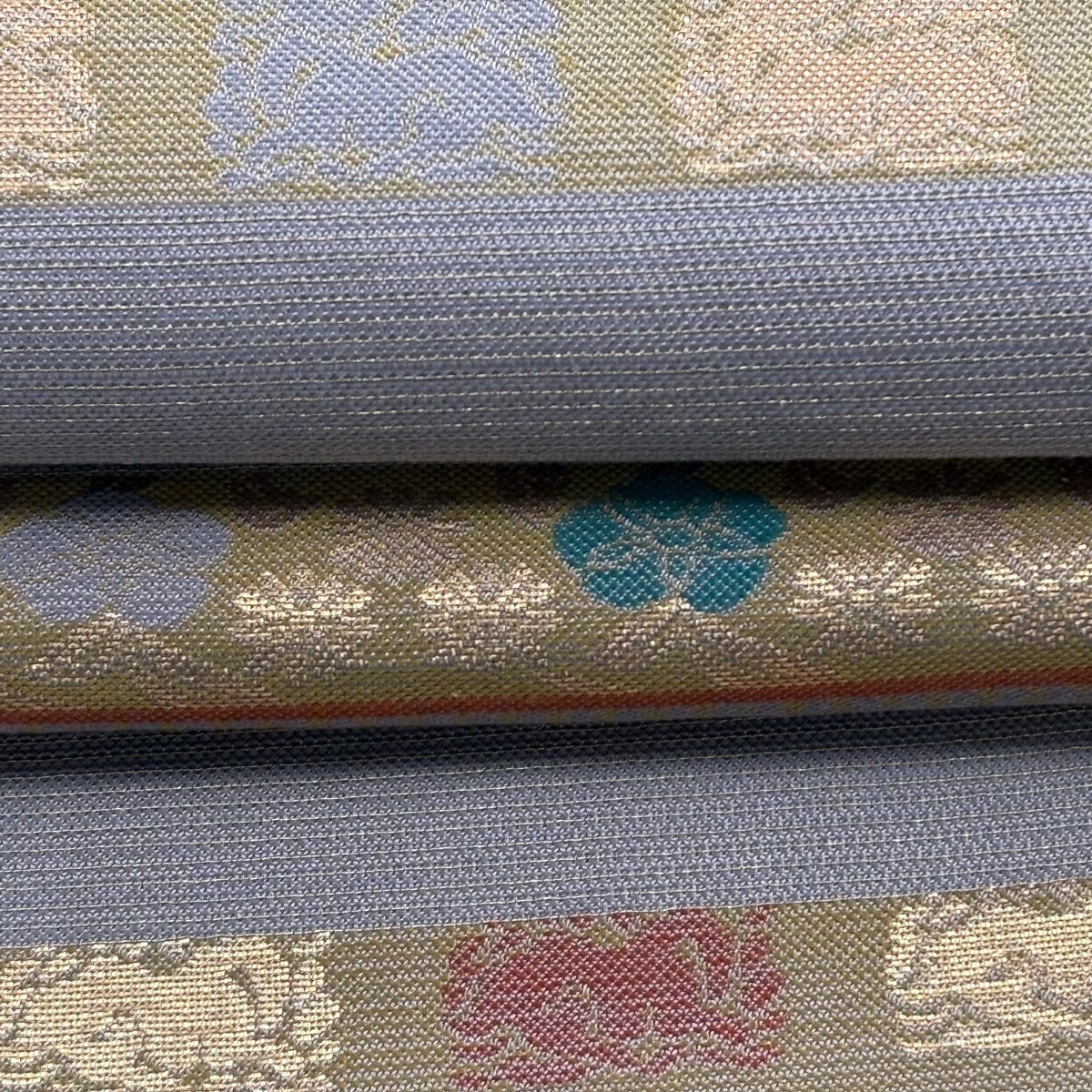 【美品】 袋帶 秀品級 兔子 草花紋紋 金金箔 金絲 青紫 六通 純蠶絲