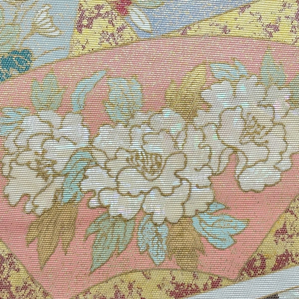 袋帶 秀品級 牡丹 屏風 螺鈿 金金箔 鮭粉色 大鼓圖案 純蠶絲