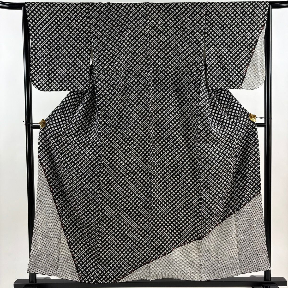 【美品】 付下 身長157cm 袖長65cm M 雙層 菱文 絞染 金線 黑 純蠶絲 優品級