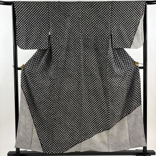【美品】 付下 身長157cm 袖長65cm M 雙層 菱文 絞染 金線 黑 純蠶絲 優品級