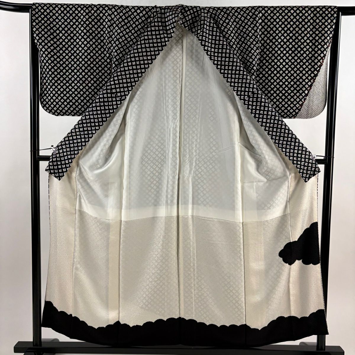 【美品】 付下 身長157cm 袖長65cm M 雙層 菱文 絞染 金線 黑 純蠶絲 優品級