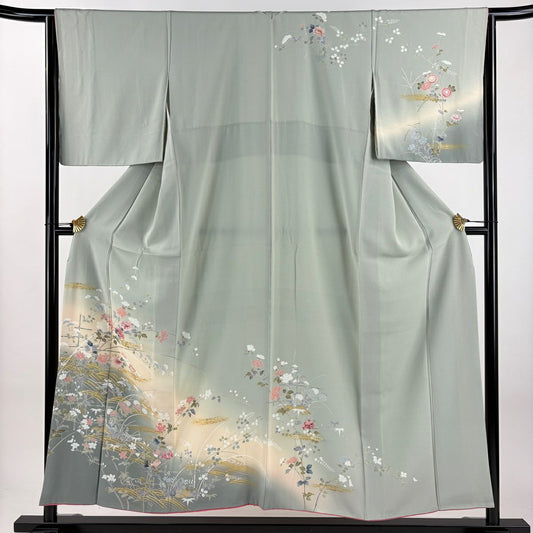 訪問服 身長153.5cm 袖長65cm M 雙層 草花紋紋 波 金銀彩 漸層 淺綠 純蠶絲 秀品級