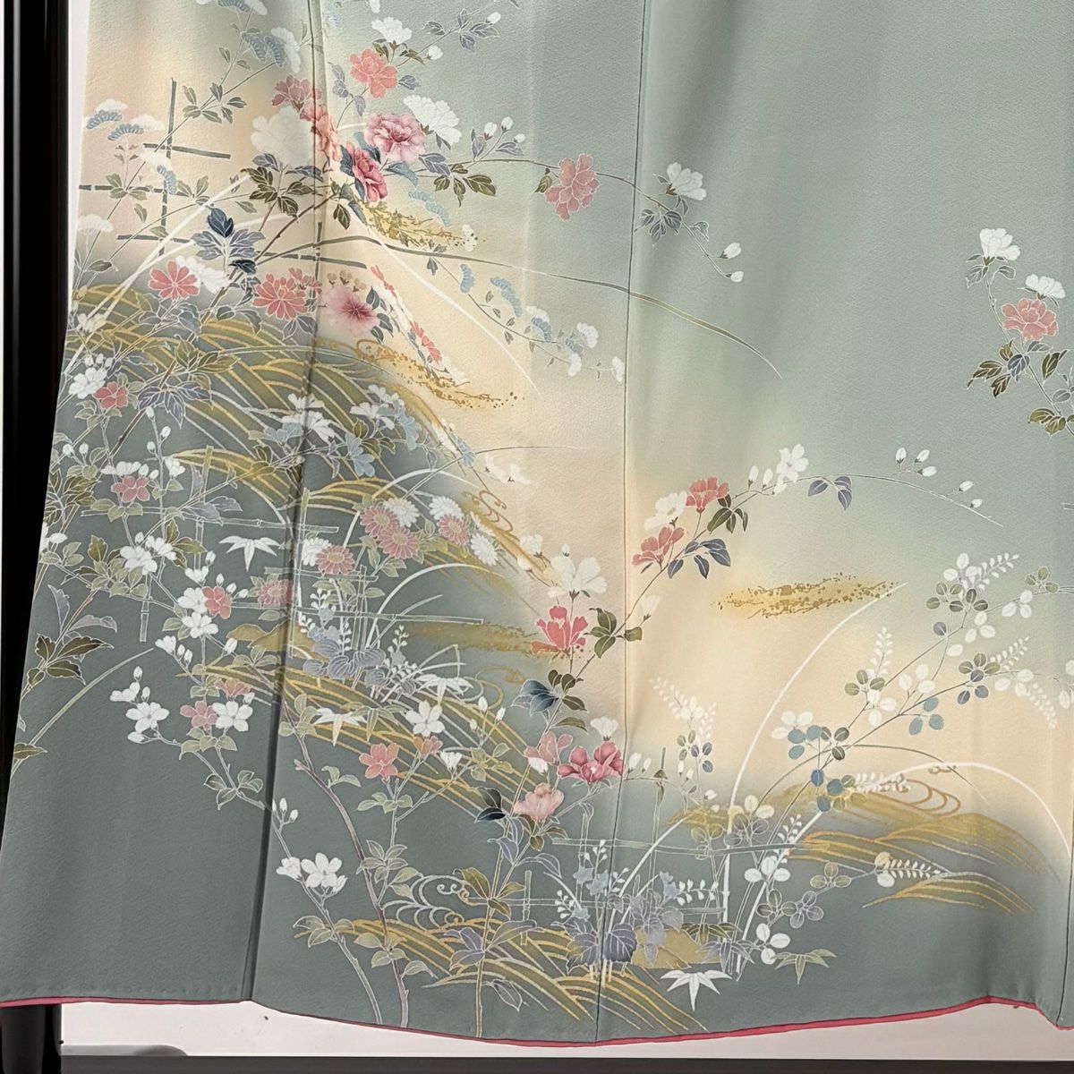 訪問服 身長153.5cm 袖長65cm M 雙層 草花紋紋 波 金銀彩 漸層 淺綠 純蠶絲 秀品級