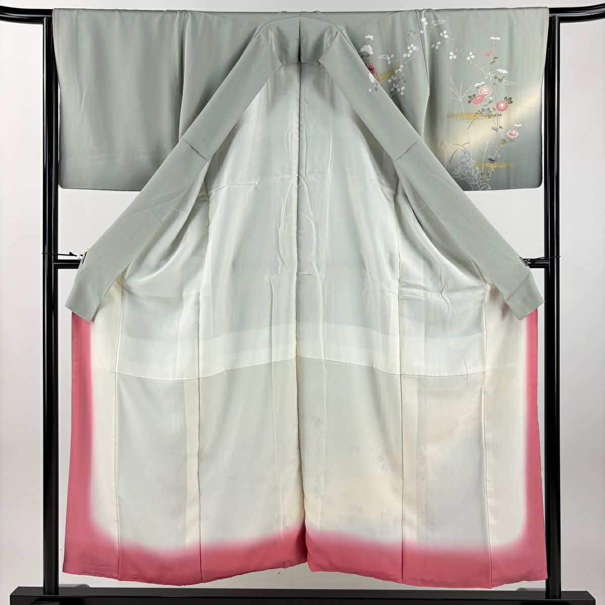 訪問服 身長153.5cm 袖長65cm M 雙層 草花紋紋 波 金銀彩 漸層 淺綠 純蠶絲 秀品級