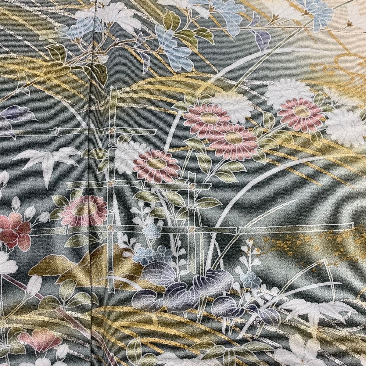 訪問服 身長153.5cm 袖長65cm M 雙層 草花紋紋 波 金銀彩 漸層 淺綠 純蠶絲 秀品級