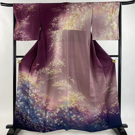 訪問服 身長162cm 袖長65.5cm M 雙層 吉乃一廉 ほていや 有落款 櫻花 霞 銀通 金銀彩 紫 純蠶絲 逸品級
