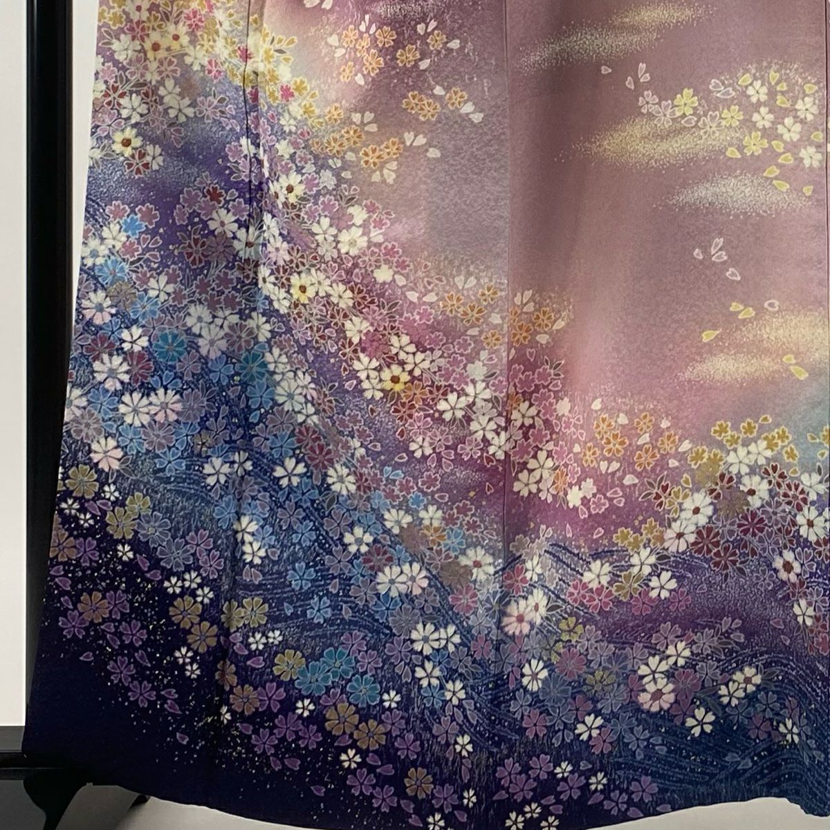 訪問服 身長162cm 袖長65.5cm M 雙層 吉乃一廉 ほていや 有落款 櫻花 霞 銀通 金銀彩 紫 純蠶絲 逸品級