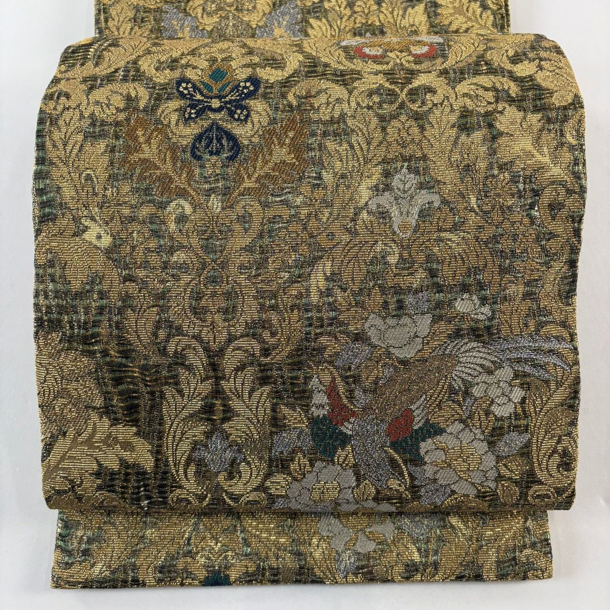 【美品】 袋帶 名品級 鳥 草花紋 金銀彩 金金箔 金色 六通 純蠶絲