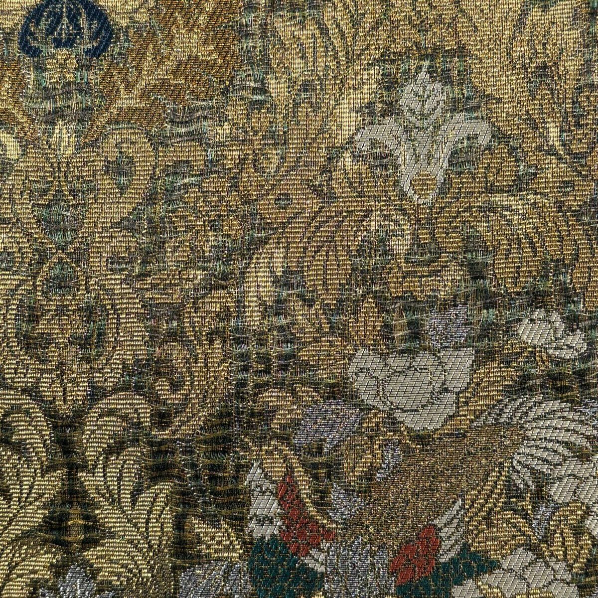 【美品】 袋帶 名品級 鳥 草花紋 金銀彩 金金箔 金色 六通 純蠶絲