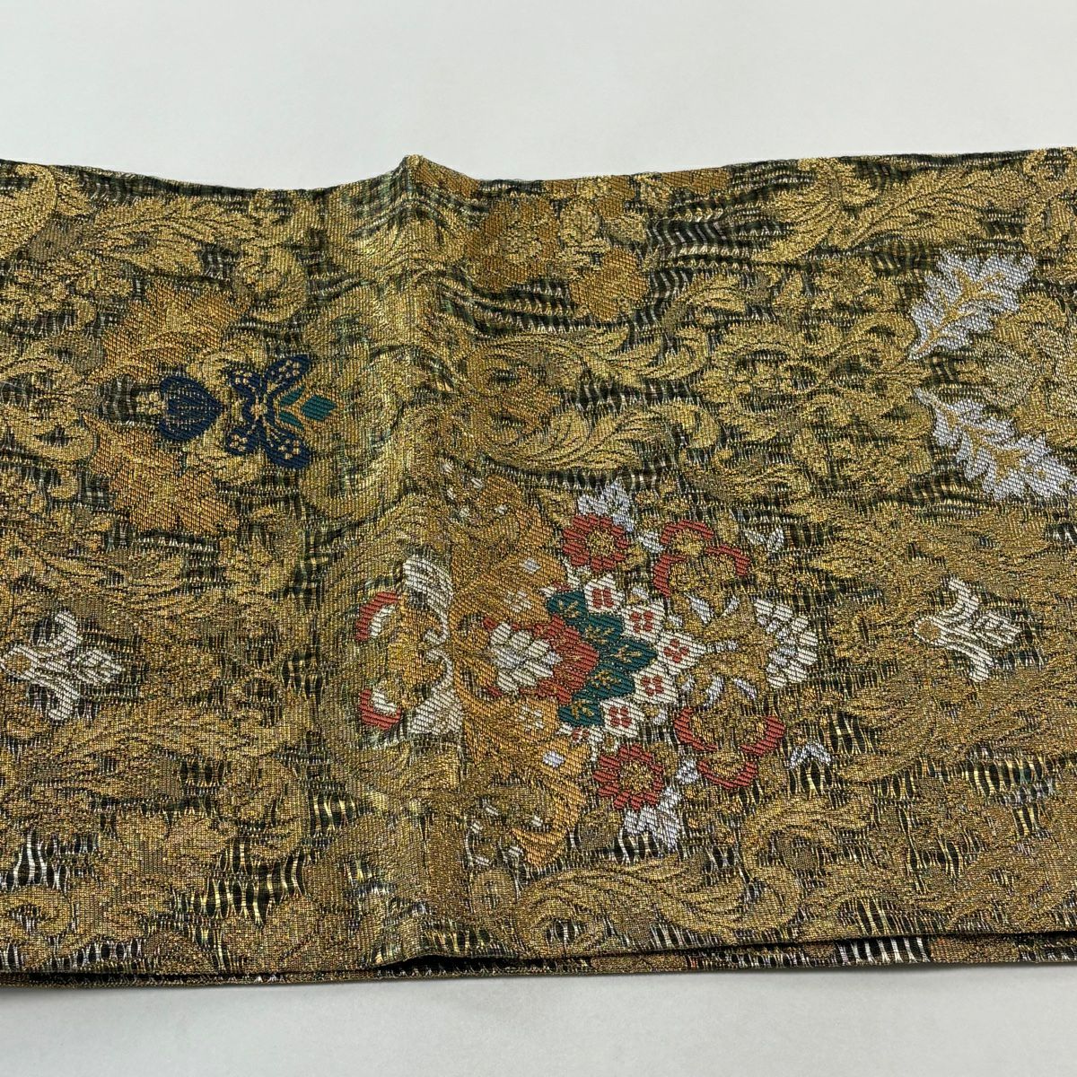 【美品】 袋帶 名品級 鳥 草花紋 金銀彩 金金箔 金色 六通 純蠶絲