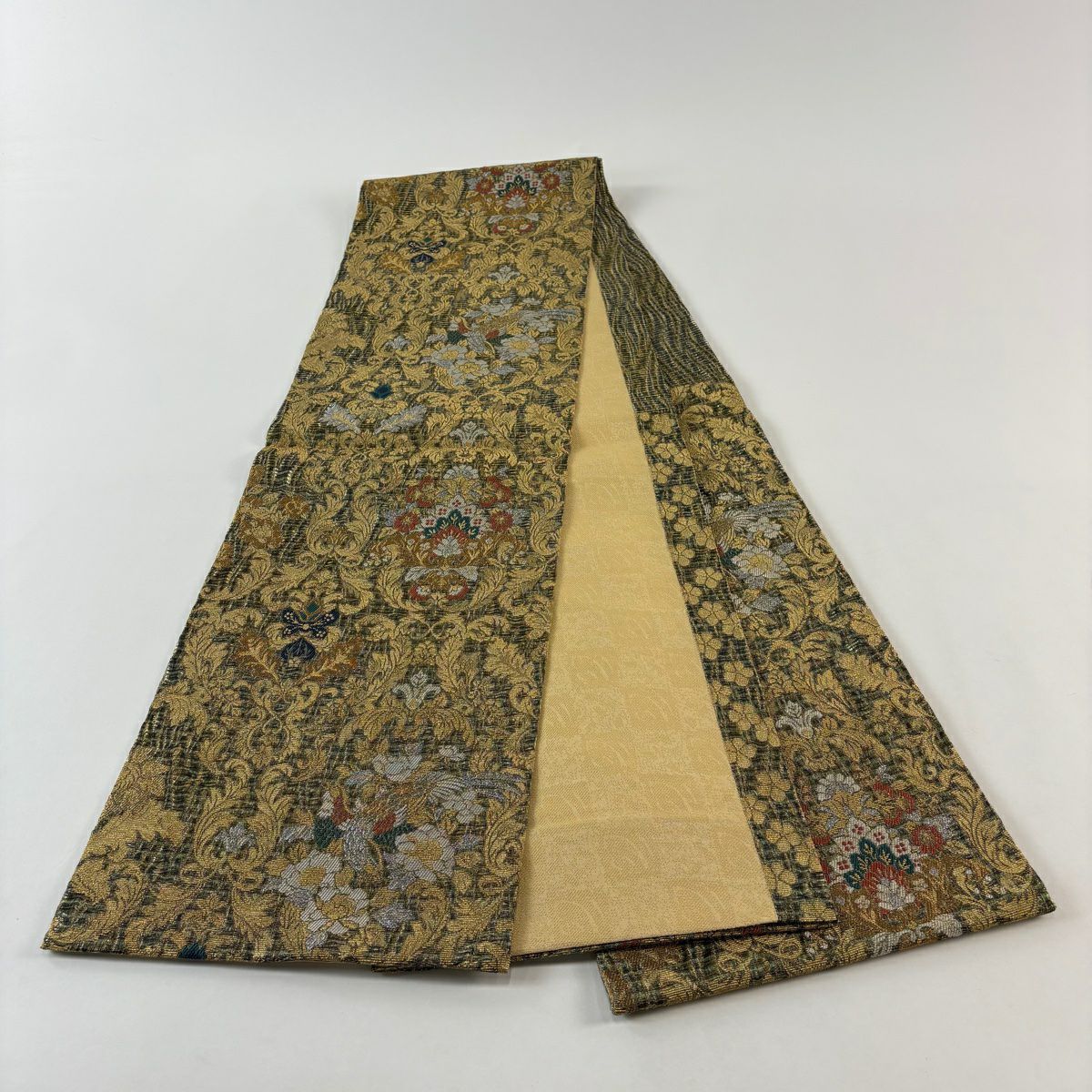 【美品】 袋帶 名品級 鳥 草花紋 金銀彩 金金箔 金色 六通 純蠶絲