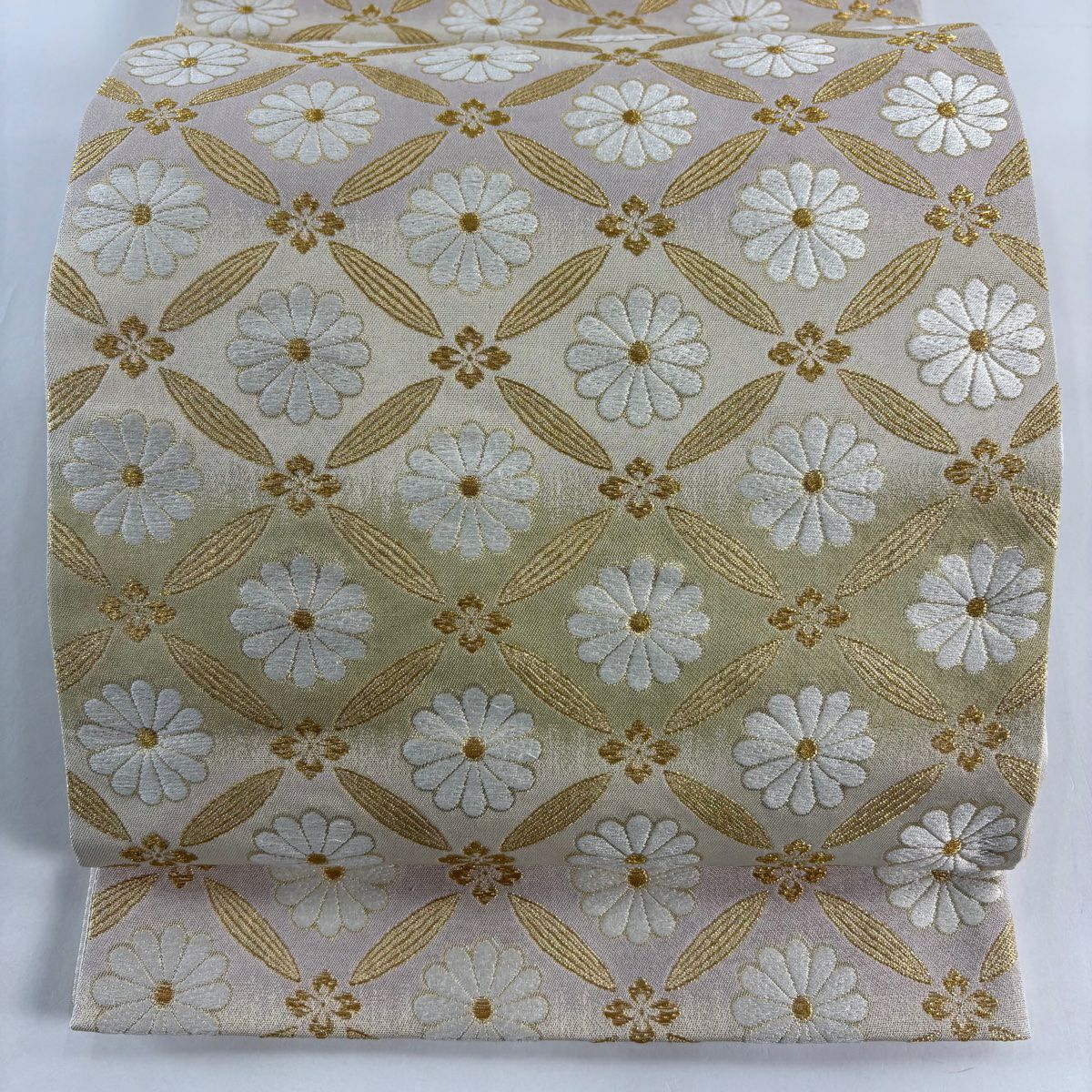 袋帶 名品級 七寶 菊花 金絲 金金箔 淺綠 六通 純蠶絲