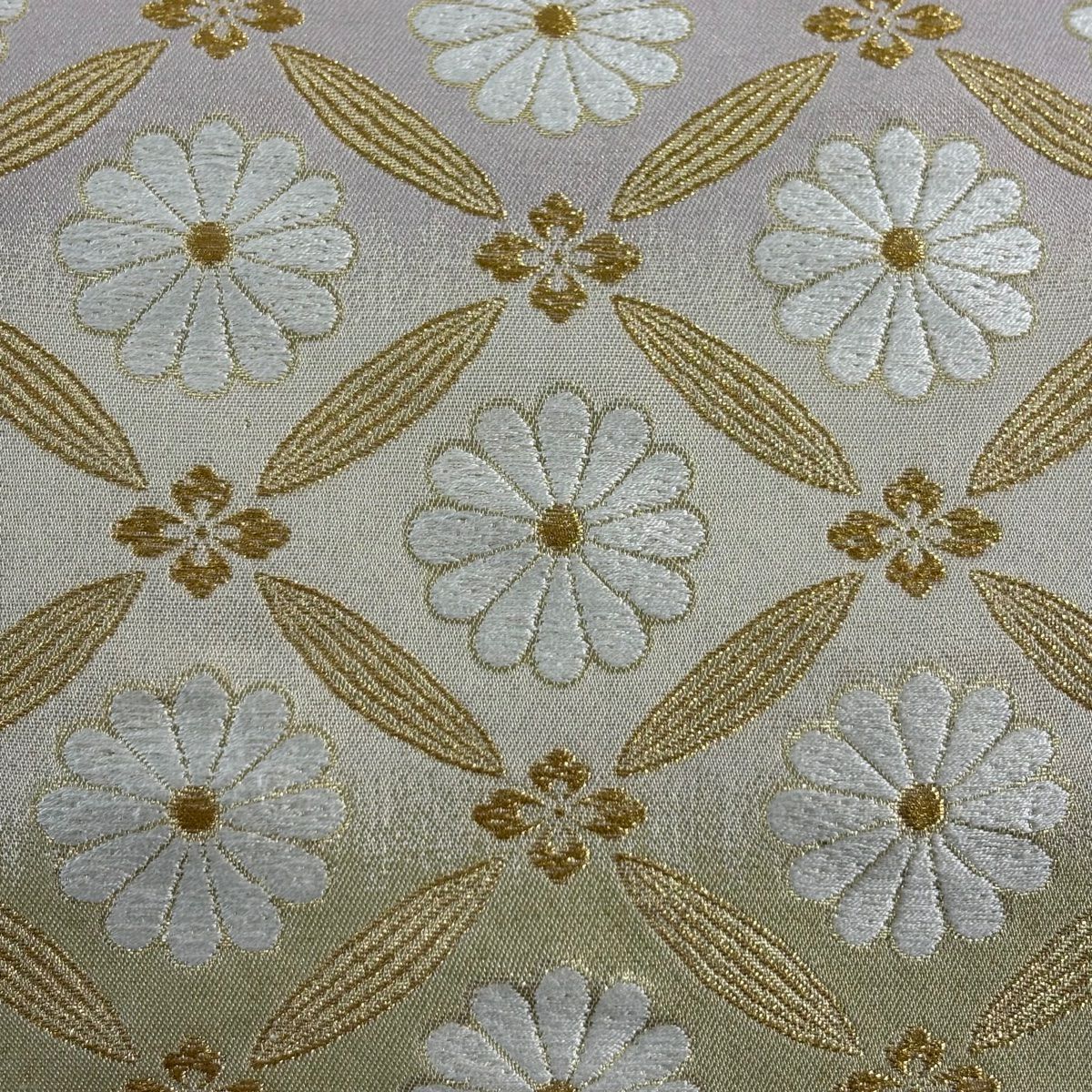 袋帶 名品級 七寶 菊花 金絲 金金箔 淺綠 六通 純蠶絲
