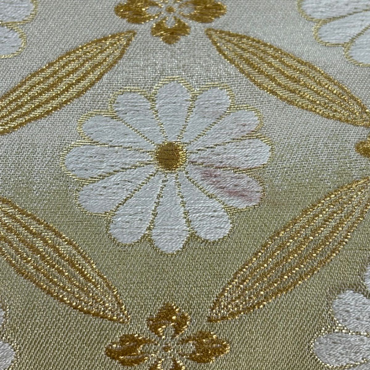 袋帶 名品級 七寶 菊花 金絲 金金箔 淺綠 六通 純蠶絲