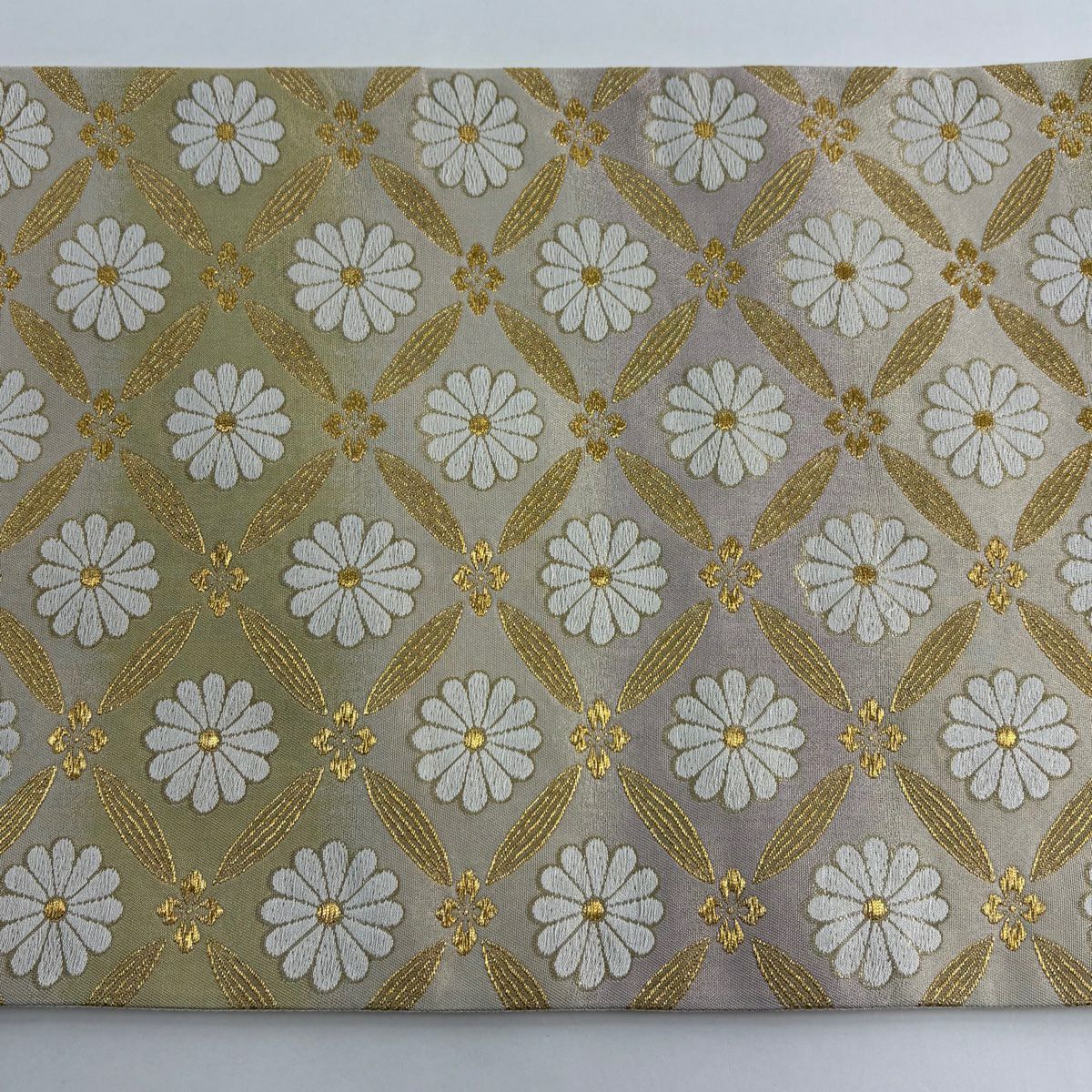 袋帶 名品級 七寶 菊花 金絲 金金箔 淺綠 六通 純蠶絲