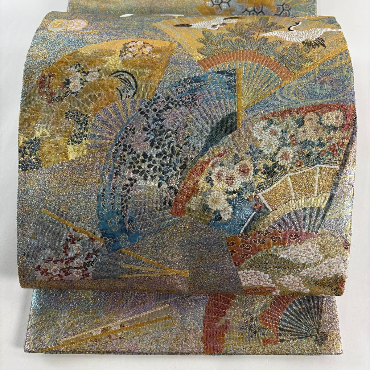 袋帶 名品級 附落款 徳川美術館秘藏 能樂百扇子 仙鶴 金絲 金金箔 青綠 大鼓圖案 純蠶絲